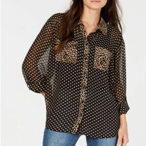 INC International Concepts Black and Tan Animal Print/Polka Dot Patterned Blouse